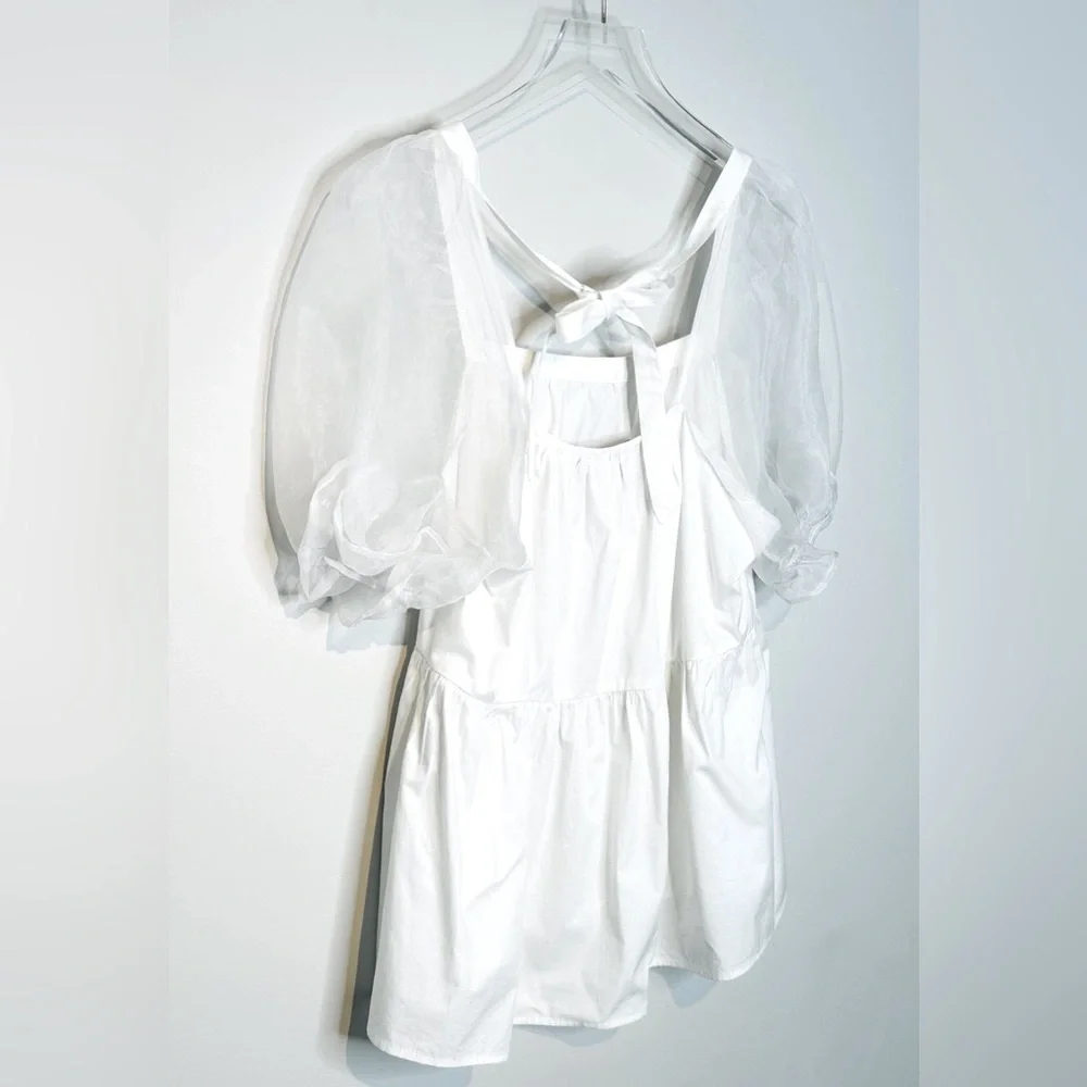Tuckernuck Pomander Place Tinsley Organza Puff Sleeve White Top Shirt Blouse L - Picture 7 of 12